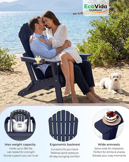 Oversized Adirondack Chair with Dual Cup Holders, Ergonomic High Back HDPE Fire Pit Chair, 380lbs Capacity All-Weather Outdoor Patio Lounge Chair for Garden, Deck, Yard - Navy Blue