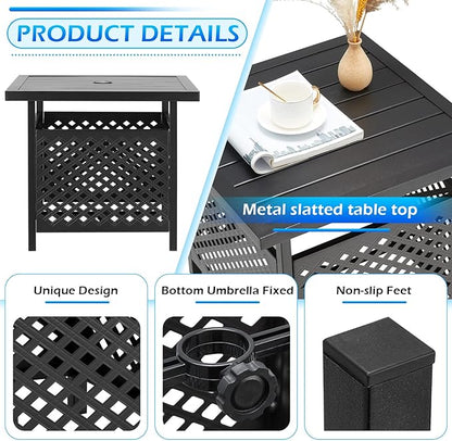 AECOJOY Black Metal Patio Table with Umbrella Hole, Outdoor Side End Table with Umbrella Hole, Small Outdoor Side End Coffe Table for Patio Deals, Pool Deck Umbrella Base Stand