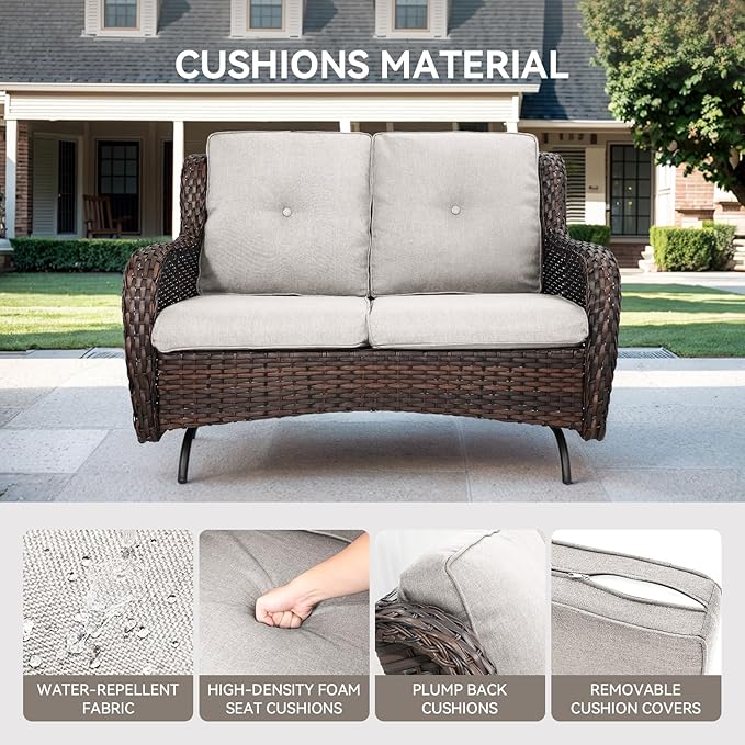 Patio Loveseat Wicker Loveseat Rattan Glider Sofa with Curved Armrest Thicking Back & Seat Cushions for Garden Balcony - Photo 6