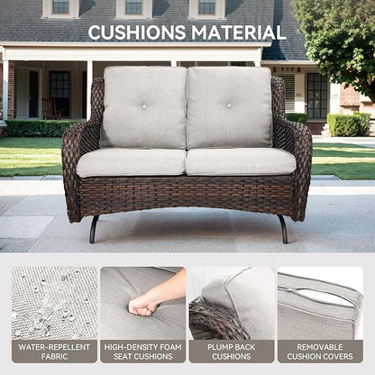 Patio Loveseat Wicker Loveseat Rattan Glider Sofa with Curved Armrest Thicking Back & Seat Cushions for Garden Balcony Backyard Brown Wicker|Beige Cushions (A) Patio Loveseat Glider