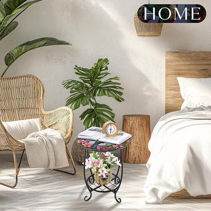Outdoor Side Table Round Small Mosaic Patio Accent Indoor End Plant Coffee Tea Table for Yard Patio Porch Garden Living Room, Bedroom(Hummingbird Style,12 Inch)