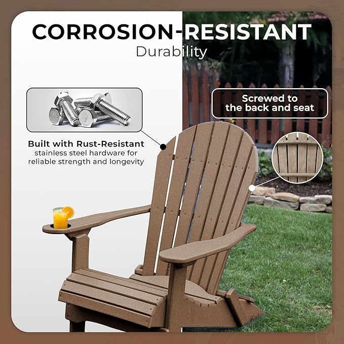 Ecommersify Folding Adirondack Chair with Cup Holder - (Weather Wood) - Heavy Duty Recycled Poly Lumber Folding Chair - Amish Crafted Outdoor Furniture - Made in USA