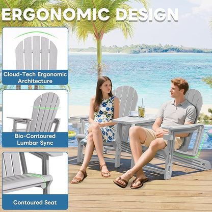 Adirondack Chair Set of 2, All Weather HDPE Adirondack Chair with Double Connecting Trays, Plastic Adirondack Chairs for Balcony, Deck, Patio, Backyard, Garden, Grey