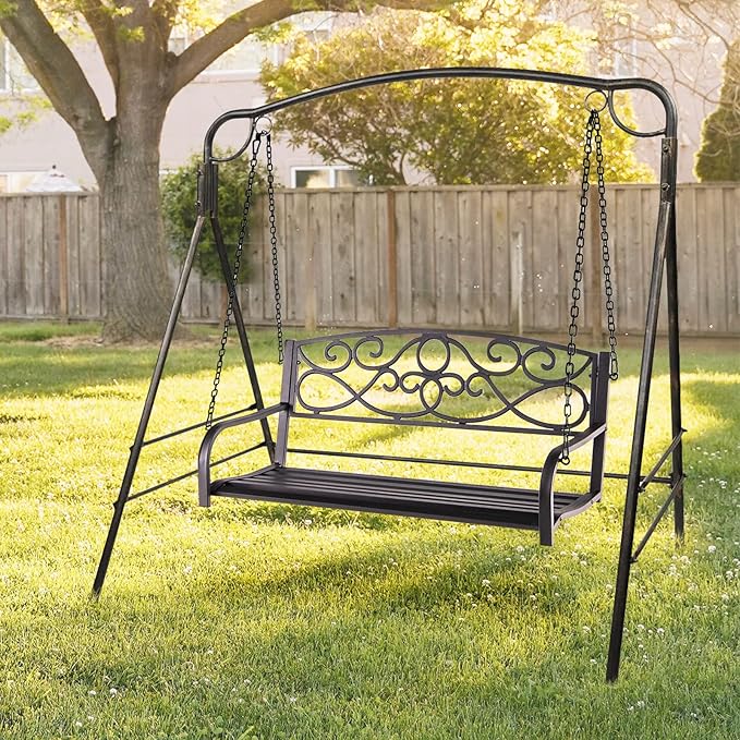 Giantex Metal Porch Swings 2 Person Outdoor Hanging Garden Bench with Sturdy Chains, Wide Seat & Curved Armrests - Photo 6