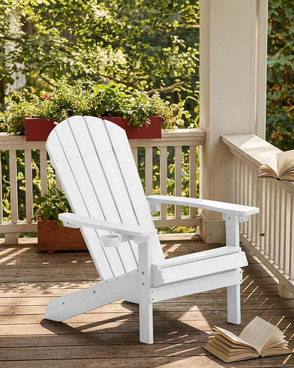 YEFU Adirondack Chair Weather Resistant: Outdoor Chair HIPS Plastic Adirondack Chairs - Patio Chairs with Wood Texture - Lawn Fire Pit Deck Porch Garden Chairs for Adults (White)