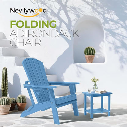 nevilywood Folding Adirondack Chair with Cup Holder Set of 4, HDPE Patio Chairs,All-Weather Outdoor Chairs for Backyard, Deck,Fire Pit-LightBlue