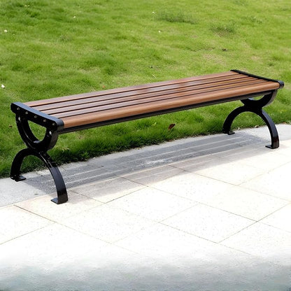 LITFAD Outdoor Bench Modern Park Bench with Corrosion Resistant Metal Frame, Dark Brown Wooden Seating Without Backrest, Garden Bench for Patio, Lawn, Yard, Porch - Type G, 71" L x 17" W x 17" H