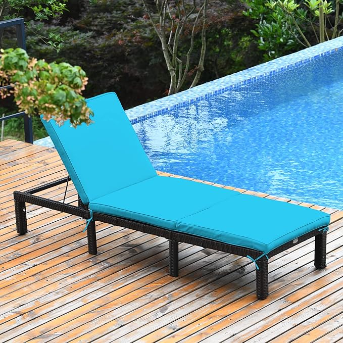 COSTWAY 2PCS Rattan Lounge Chair Chaise Recliner Adjustable Cushioned Turquoise - Photo 5