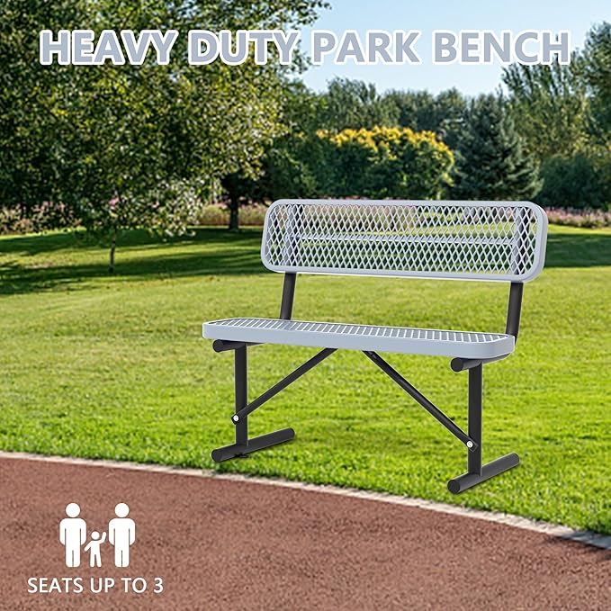 4ft Gray Metal Park Bench with Backrest, Heavy Duty Outdoor Benches Weatherproof Steel Long Playground Bench Seats, Commercial Garden Benches Red Dock Benches for Lawn, Park, Deck,Patio, Porch