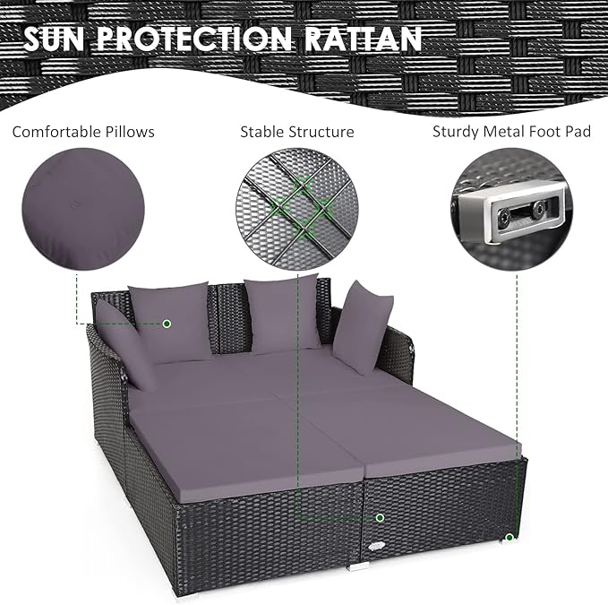 COSTWAY Outdoor Patio Rattan Daybed, Sponge Cushioned Loveseat Sofa with 4 Pillows, Wicker Furniture Sunbed for Balcony - Photo 9