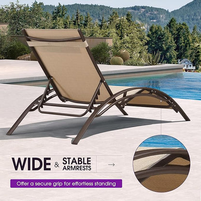PURPLE LEAF Outdoor Oversized Chaise Lounge Chair Set of 3 Patio Pool Lounger Bronze Aluminum Chairs with Side Table Adjustable Tanning Recliner for Outside Backyard Yard Deck Beach Pebble Gray