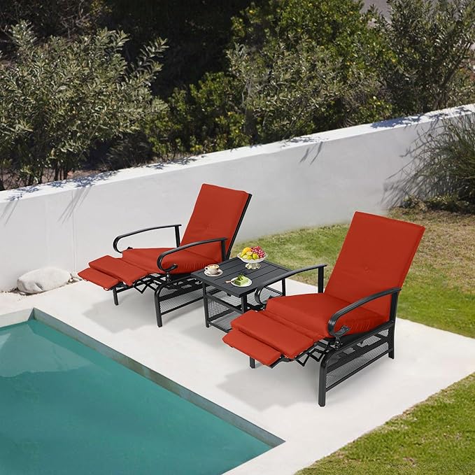 Oakcloud Adjustable Outdoor Lounge Chair Metal Patio Relaxing Recliner Chair with Removable Cushions(Red) - Photo 6