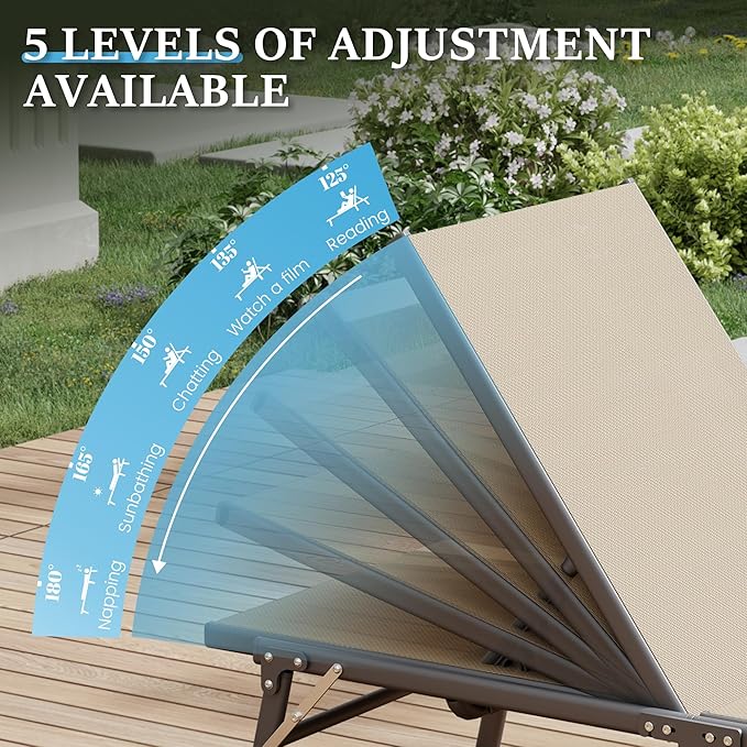 UDPATIO Foldable Patio Lounge Chairs Outdoor Chaise Lounge with 5-Positions Poolside Lounge Chairs with Portable Design for Pool, Beach, Deck, Backyard No Assembly