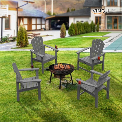 VINGLI Plastic Folding Adirondack Chair with Cup Holder, 100% Recyclable HDPE Material, Comfortable 380lb Weight Capacity for Outdoor Pool Patio Lounge Chair Lawn Furniture Fire Pit, 4 Pack,Gray