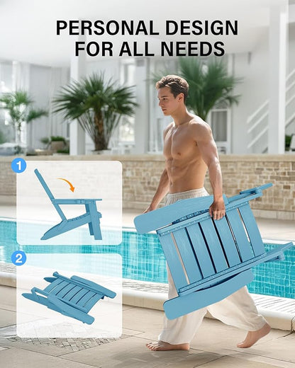 YEFU Adirondack Chair, Folding Adirondack Chairs with Arc Back & Cup Holder, Weather Resistant Plastic Oversized Chair for Outdoor Patio Lawn Garden Backyard Deck Fire Pit, Blue