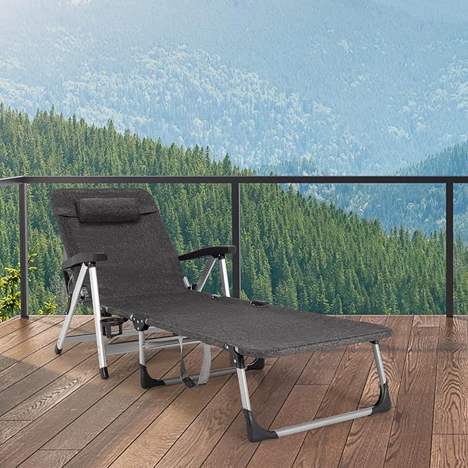 GYMAX Lounge Chair Outdoor, Chaise Lounger w/Adjustable Backrest, Cup Holder & Carry Handle, Folding Portable Tanning Layout Chair, Beach Sunbath Chair for Patio, Poolside, Lawn (1, Grey)