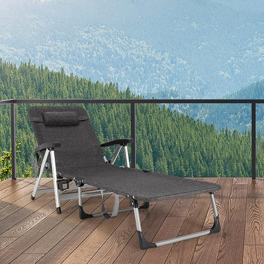 GYMAX Lounge Chair Outdoor, Chaise Lounger w/Adjustable Backrest, Cup Holder & Carry Handle, Folding Portable Tanning Layout Chair, Beach Sunbath Chair for Patio, Poolside, Lawn (1, Grey)