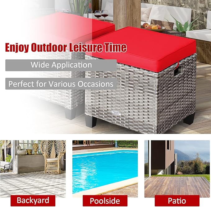 Tangkula 2 Pieces Patio Rattan Ottomans, Outdoor Wicker Footstool Footrest Seat with Soft Cushions and Steel Frame - Photo 10