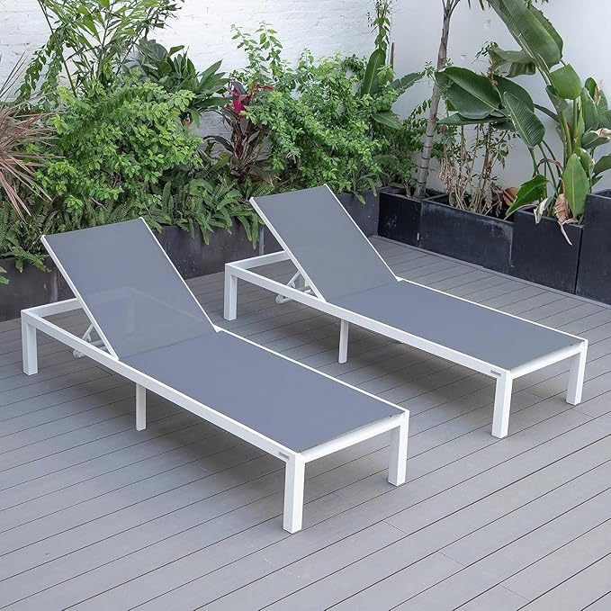 LeisureMod Marlin Aluminum Outdoor Chaise Lounge Chair (Set of 2) - Mesh Sling Fabric Seat White Aluminum Frame Beach, Pool Lounge Chair for Modern Patio Lawn, Garden and Backyard (Dark Grey)