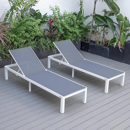LeisureMod Marlin Aluminum Outdoor Chaise Lounge Chair (Set of 2) - Mesh Sling Fabric Seat White Aluminum Frame Beach, Pool Lounge Chair for Modern Patio Lawn, Garden and Backyard (Dark Grey)
