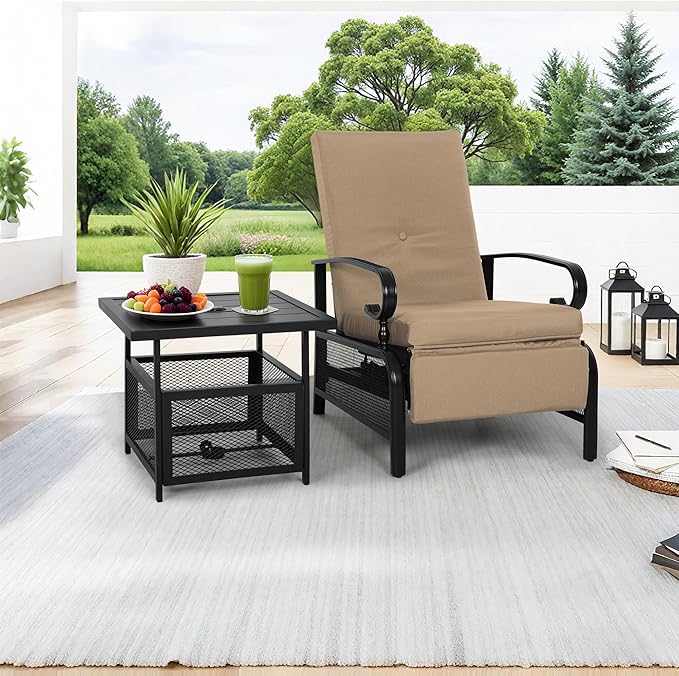 Incbruce 2 Pieces Outdoor Lounge Recliner Set, Adjustable Metal Recliner Sofa Chair and Umbrella Stand Side Square Table Suitable for Garden, Pool, Yard (Brown)