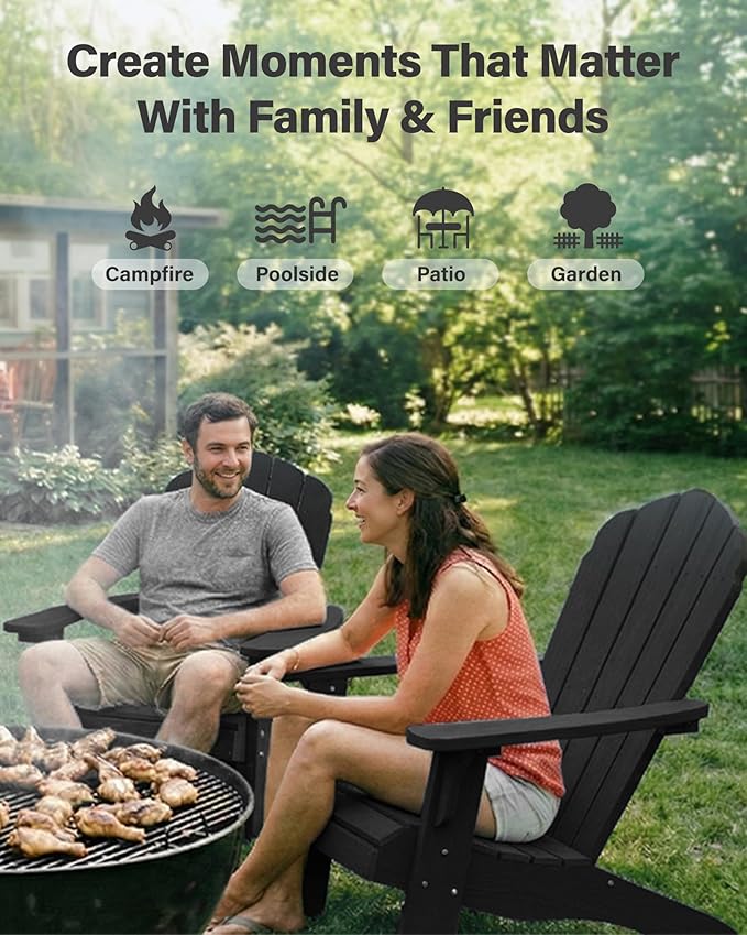 YEFU Oversized Plastic Adirondack Chair Set of 4 with Cup-Holder, Weather Resistant, Poly Lumber Outdoor Chairs Duty Rating Widely Used in Patio, Lawn, Outside, Deck, Garden Chair-Black