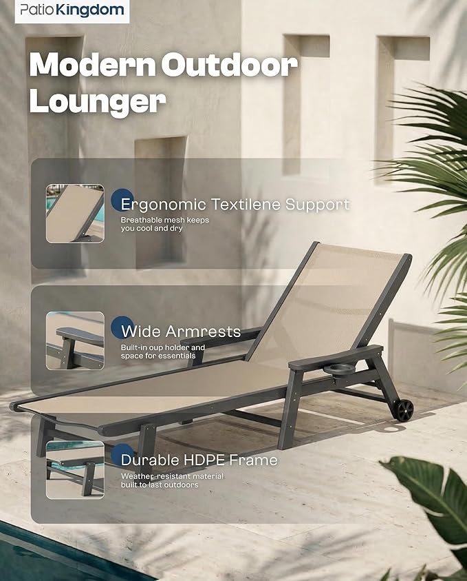 Patio Chaise Lounge Chair with Wheels & Cup Holder, HDPE Textilene Outdoor Lounge Chair 5 Positions Adjustable for Poolside Deck Patio Backyard (4, Grey Frame, Khaki Textilene)