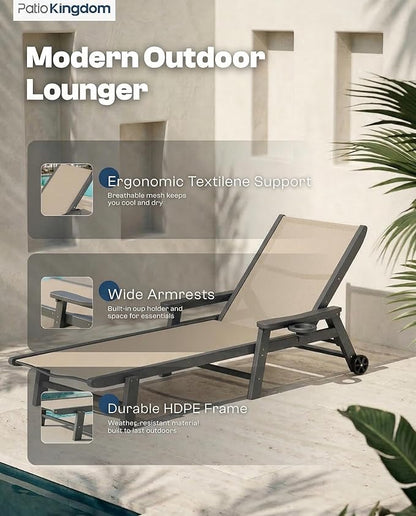 Patio Chaise Lounge Chair with Wheels & Cup Holder, HDPE Textilene Outdoor Lounge Chair 5 Positions Adjustable for Poolside Deck Patio Backyard (4, Grey Frame, Khaki Textilene)