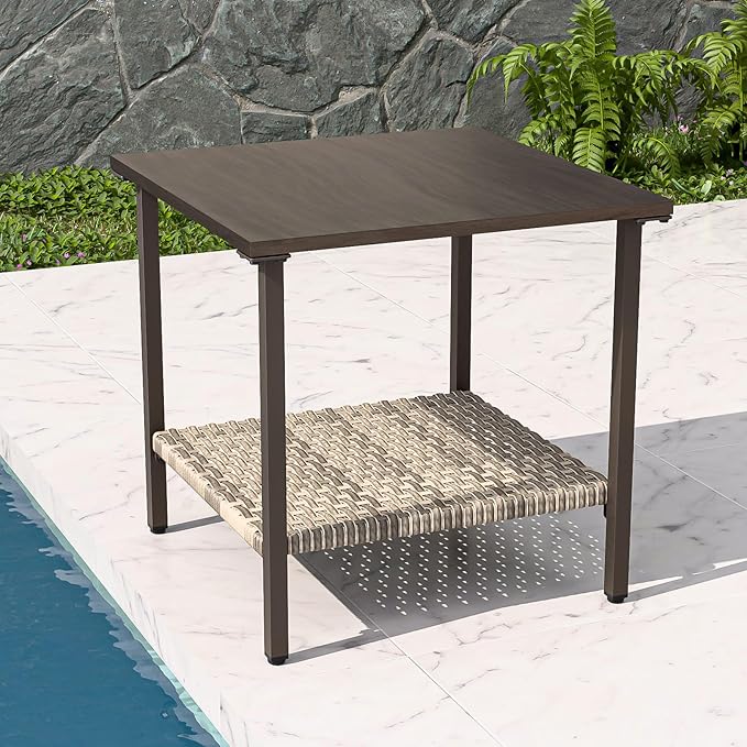 COOS BAY Aurora Terrace Outdoor Side Table with 2-Tier Storage, Metal Patio Table for Garden, Balcony, Poolside, Porch, Wood Grain Top