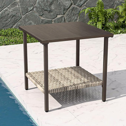 COOS BAY Aurora Terrace Outdoor Side Table with 2-Tier Storage, Metal Patio Table for Garden, Balcony, Poolside, Porch, Wood Grain Top