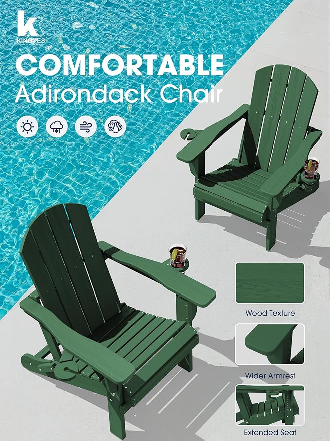KINGYES Folding Adirondack Chair Set of 2, Dual Cup Holders & All-Weather HDPE, Wood-Like Patio Chair for Backyard - Photo 5