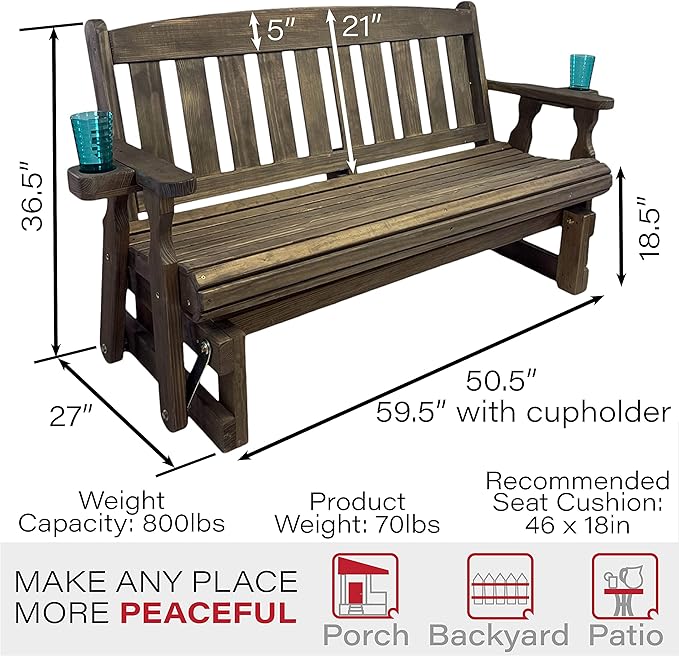 Amish Heavy Duty 800 Lb Mission Pressure Treated Porch Glider with Cupholders (4 Foot, Dark Walnut Stain) - Photo 2