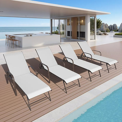 Crestlive Outdoor Chaise Lounge Chair,5-Position Pool Lounge Chairs with Armrests Sunbathing Recliner for Patio,Beach,Deck,Yard (4PC Brown)