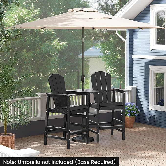 Giantex Outdoor Tall Adirondack Chairs Set of 2, HDPE Adirondack Bar Stools w/Double Connecting Tray, Umbrella Hole, High Backrest, All-Weather Balcony Chair, Patio Barstools for Garden Lawn (Black)