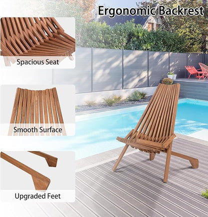 Wooden Folding Chair for Outdoor - Low Profile Acacia Wood Lounge Chair with FSC Certified - Fully Assembled Outdoor Foldable Chairs for Patio, Porch, Pool Deck, Lawn, Garden - Espresso