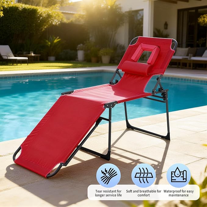 Tanning Chair with Face Hole Folding Beach Lounge Chair,5-Position Adjustable Backrest, Pillow & Side Pocket,Portable Face Down Chaise Lounge for Outdoor Backyard Poolside,Beach, Patio,Red