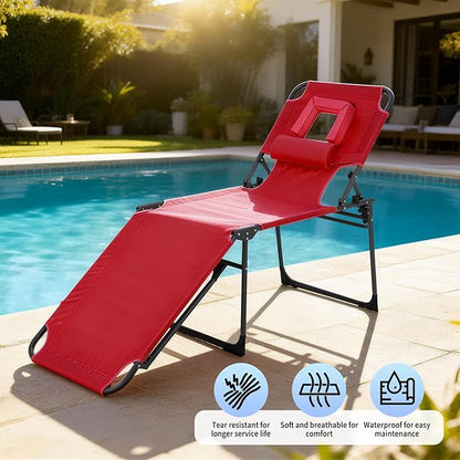 Tanning Chair with Face Hole Folding Beach Lounge Chair,5-Position Adjustable Backrest, Pillow & Side Pocket,Portable Face Down Chaise Lounge for Outdoor Backyard Poolside,Beach, Patio,Red