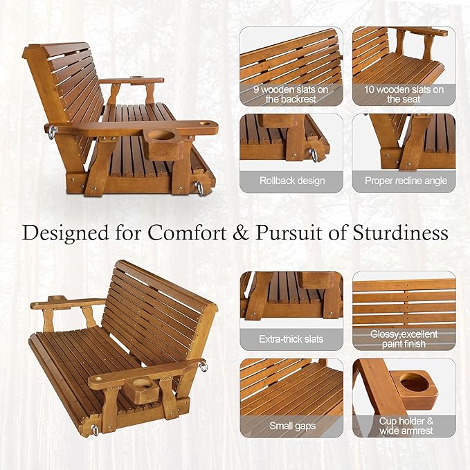 Wooden Porch Swing 2-Seater, High Backrest and Deep Seat, Bench Swing with Cupholders, Hanging Chains and 7mm Springs - Photo 5