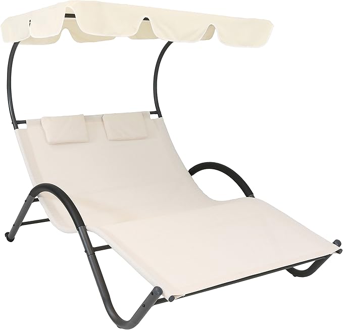 Sunnydaze Outdoor Double Chaise Lounge with Canopy Shade and Headrest Pillows - Beige Fabric with Black Powder-Coated - Photo 1