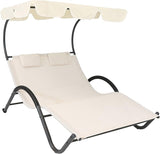 Sunnydaze Outdoor Double Chaise Lounge with Canopy Shade and Headrest Pillows - Beige Fabric with Black Powder-Coated - Photo 1