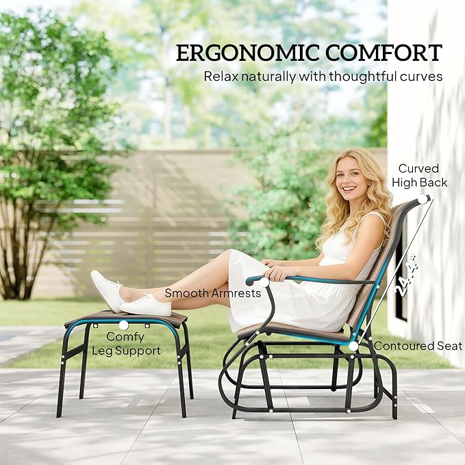 Outsunny Outdoor Glider Chair with Ottoman, Patio Glider Set with 24.4" High Back, 22" Wide Seat - Photo 5