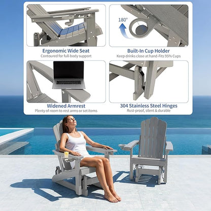HDPE Outdoor Glider Chair Set of 2,3-Position Adjustable Backrest Patio Glider, All-Weather Glider Rocker Chair with Cup Holders,Porch Glider for Outside,Deck,Fire Pit, Poolside,400LBS Capacity (Grey)