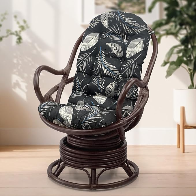 Wickerix Java Lounge Swivel Rocking Chair with Dark Brown Cushion Natural Rattan Wicker Handmade, Dark Brown Color