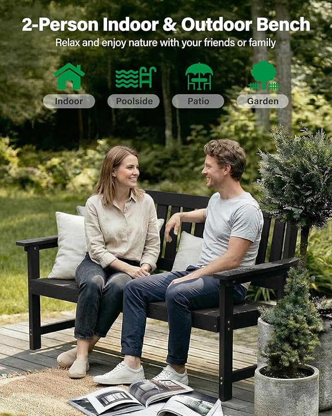 YEFU Outdoor Bench Weatherproof for Patio: 2-Person HIPS All Weather Garden Benches - Comfortable & Heavy Duty Patio Benches for Front Porch Backyard Park - Outside Furniture Bench Set of 2, Black