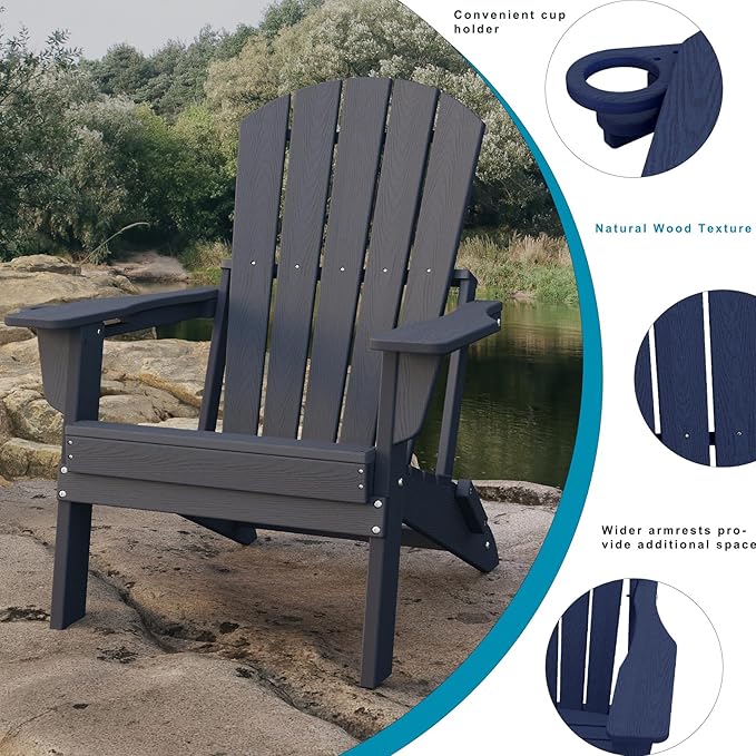 Folding Adirondack Chair，Wooden Textured Fire Pit Chair with Cup Holder, Heavy All-Weather HDPE Plastic Outdoor Patio Chairs for Poolside Backyard Patio Outdoor Garden