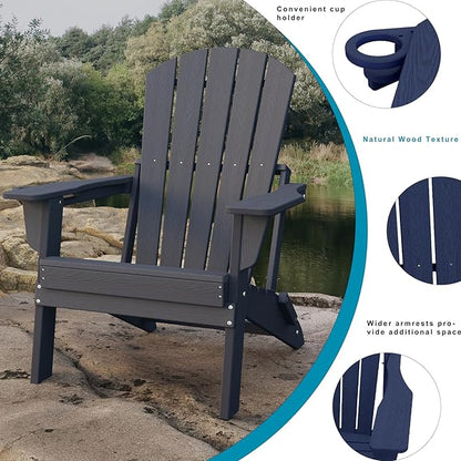 Folding Adirondack Chair，Wooden Textured Fire Pit Chair with Cup Holder, Heavy All-Weather HDPE Plastic Outdoor Patio Chairs for Poolside Backyard Patio Outdoor Garden