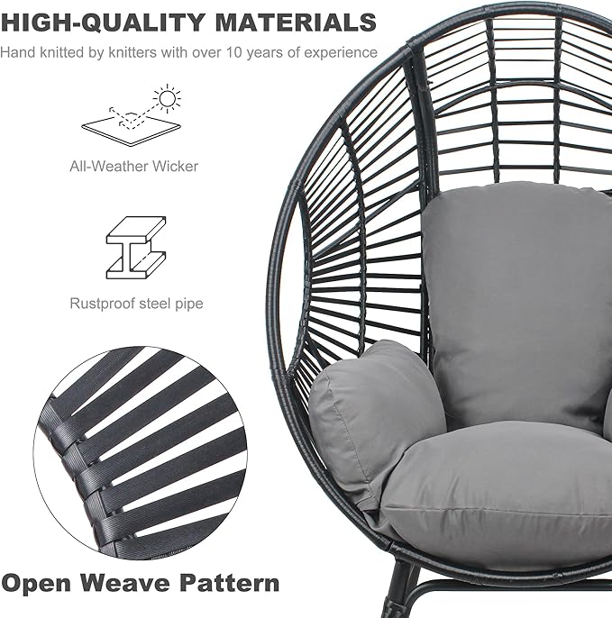 Oversized Wicker Egg Chair, Outdoor Indoor Rattan Patio Egg Lounge Chairs with Cushion 500lbs Capacity for Living Room, Balcony, Backyard(Black)