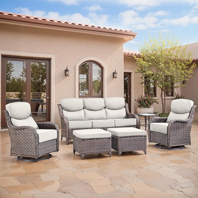 Swivel Patio Chairs sofa Set of 6 - 6" Thick Cushion - Wicker Outdoor Swivel Rocker Patio Chair ,Sofa/Glass coffee - Photo 1