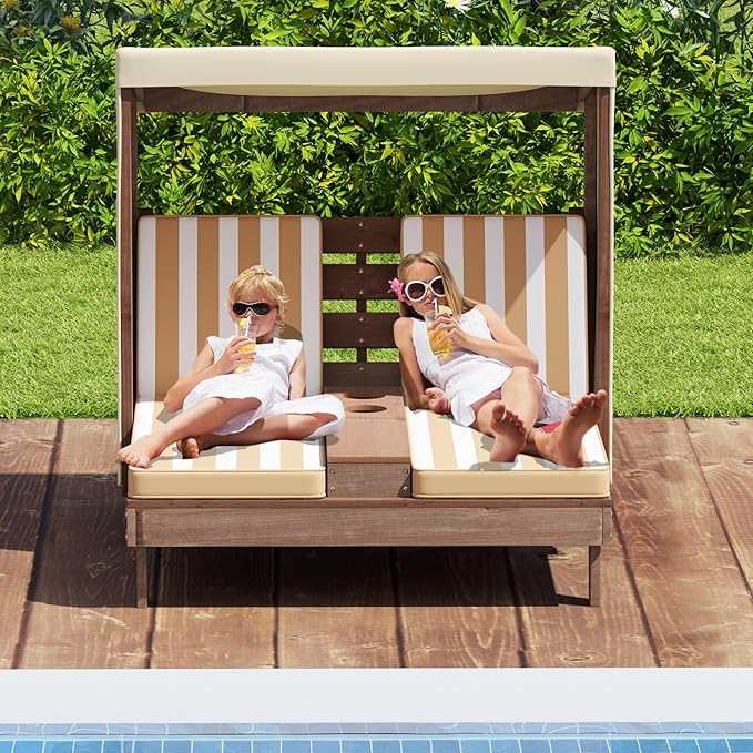 Costzon Kids Lounge Chair Outdoor, Wood Double Seat Chaise Lounge with Canopy, Cup Holders, Cushion, Backrest Recliner, Kids Patio Furniture, Gift for Boys Girls 3-8 Years Old
