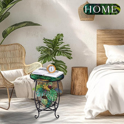 Outdoor Side Table Round Small Mosaic Patio Accent Indoor End Plant Coffee Tea Table for Yard Patio Porch Garden Living Room, Bedroom (Monster Leaf Style,14 Inch)